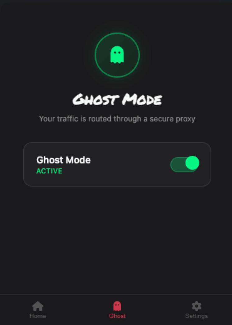 Legba Ghost Mode screen with the secure proxy toggle switched on