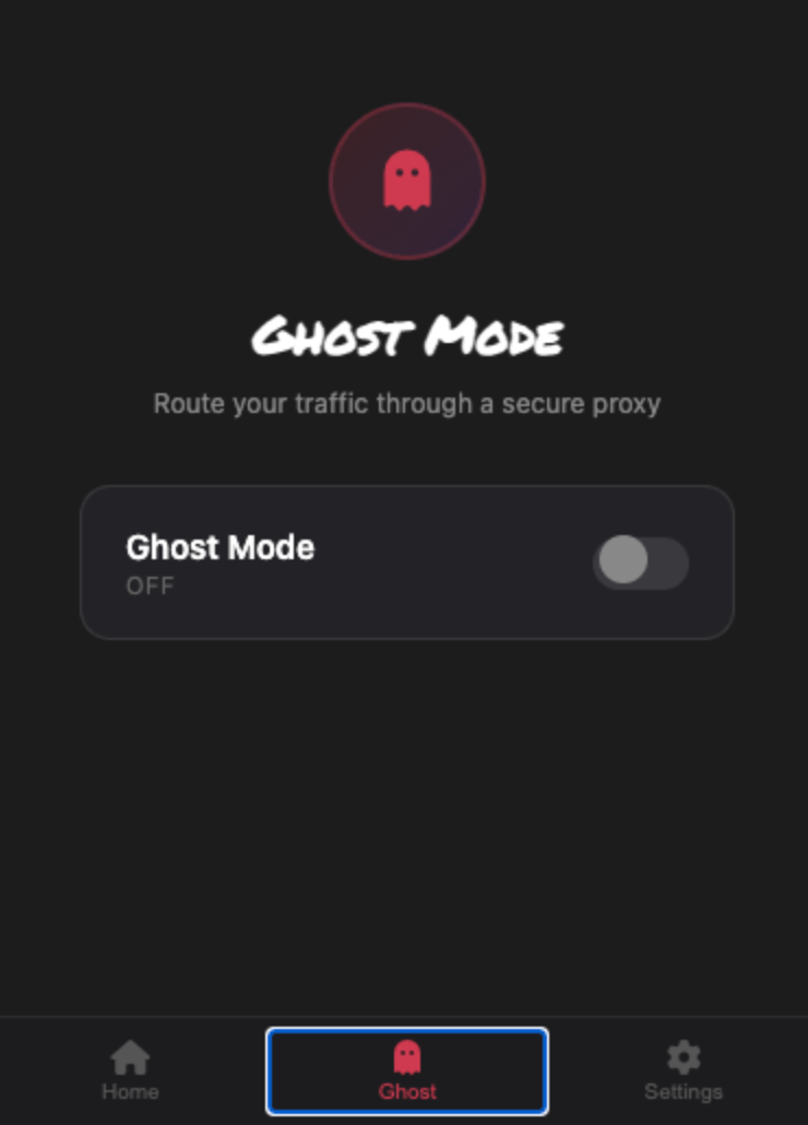 Legba Ghost Mode screen with the secure proxy toggle switched off