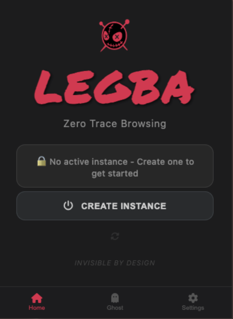 Legba home screen with no active instance and a create instance button